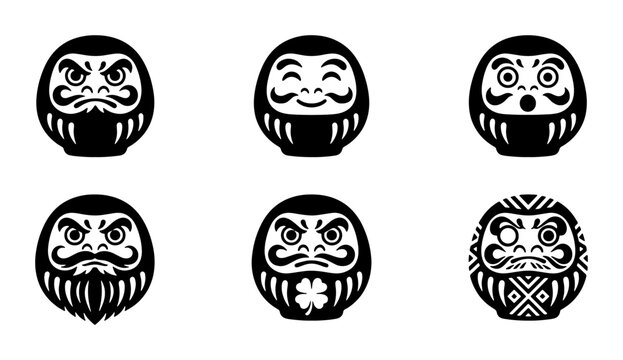 Japanese Daruma doll vector icons set, traditional black and white Zen monk figurines, 6 minimalist oriental lucky charm symbols for branding
