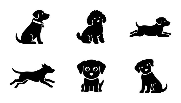 Minimalist dog silhouette icons, set of 6 puppy vector illustrations, black canine breed symbols, flat pet animal graphics for web and print design