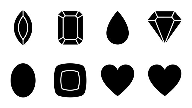 Minimalist gemstone icon set, black diamond and jewelry stone silhouettes, collection of 8 vector gem shapes for luxury branding and web design