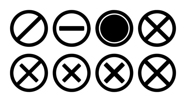 Prohibition sign icon set with 8 black vector symbols, restricted access and stop warning marks, universal no entry and cancel icons for UI design
