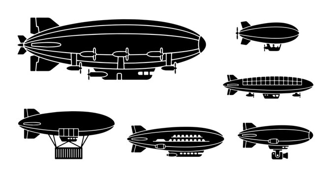 Vintage blimp silhouette collection, 6 airship vector icons, retro dirigible and zeppelin transport set, black aviation aircraft graphics