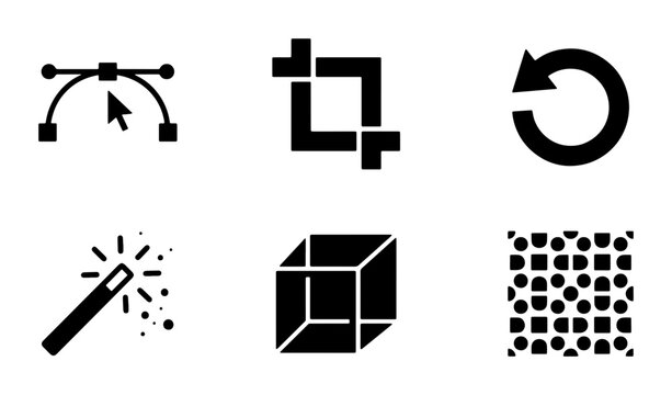 Graphic design tool icons set, black vector editing symbols, creative software interface elements, minimalist digital art production icons