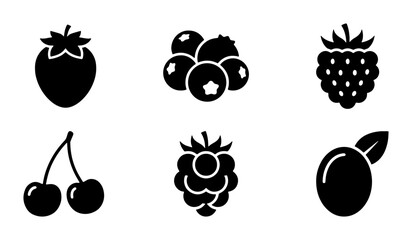 Minimalist berry fruit icon set, black solid vector silhouettes of strawberry and blueberry, 6 organic forest berry symbols for food packaging © Nusrat