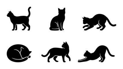 Black cat silhouette collection, 6 feline vector icons in various poses, minimalist pet animal silhouettes for logo design and web graphics © Nusrat