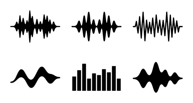 Black sound wave icons set, digital audio equalizer frequency bars, 6 vector music signal waveforms for podcast and radio recording