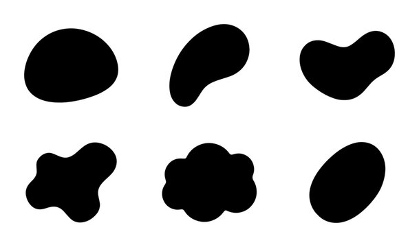 Abstract organic liquid shapes, set of 6 black fluid blob silhouettes, minimalist amoeba vector elements for modern graphic design and branding