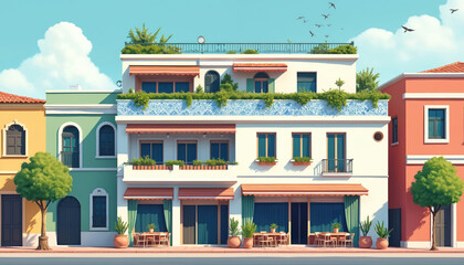 Obraz premium Charming boutique hotel with garden terrace in sunny city. Cozy urban lodging offers rooftop views. Small building exterior features cafe seating, green plants.