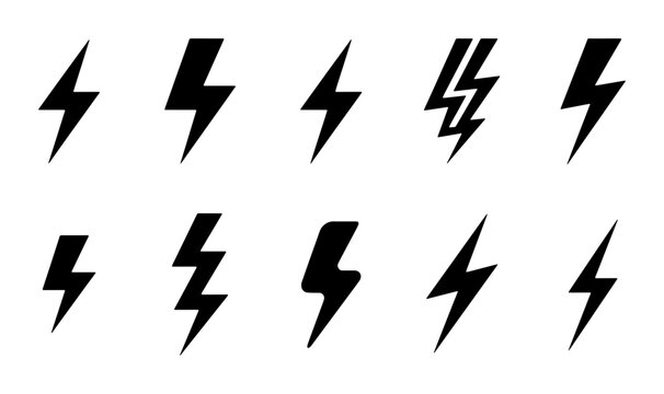 Lightning bolt icon set, black thunderbolt symbols collection, 10 electric power flash vector elements, minimalist storm weather logo graphics
