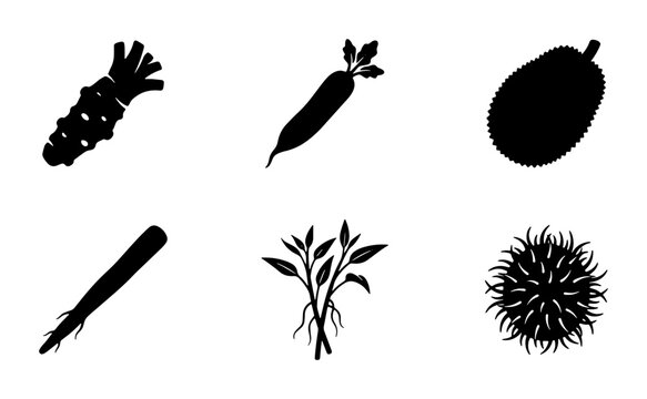 Exotic Asian vegetable and fruit icons, set of 6 black solid silhouettes, wasabi root and durian vector graphics for culinary design