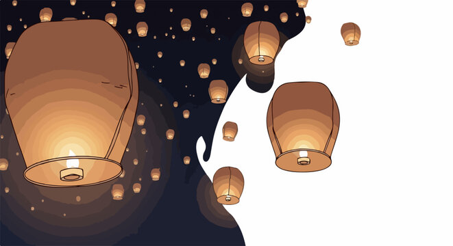 Floating sky lanterns vector illustration with glowing lights against dark night sky and white space. Festive lantern release for celebration, wishes, and cultural events.