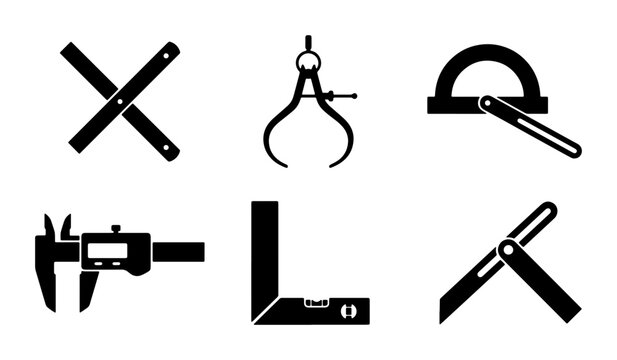 Precision measurement tools icon set, black silhouette engineering equipment vectors, professional carpentry and metalworking measuring instruments