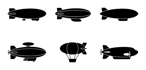 Vintage blimp and dirigible silhouette icons, set of 6 airship vector illustrations, retro zeppelin and hot air balloon transport symbols © Touhidul
