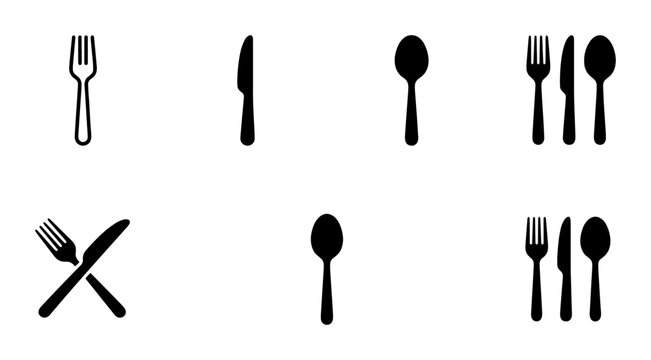 Minimalist cutlery icon set, black fork knife and spoon silhouettes, flat vector silverware collection for restaurant menus and dining signage