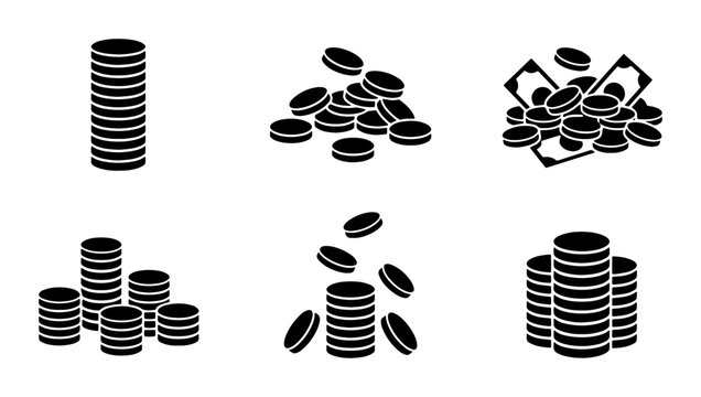 Black coin stack icons set, flat money vector illustrations, piles of gold coins and cash banknotes, financial growth and banking symbols