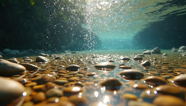 Underwater view of clear river with sunlit pebbles on riverbed. Bubbles rise toward surface from water depth. Natural tranquil scene with smooth stones.