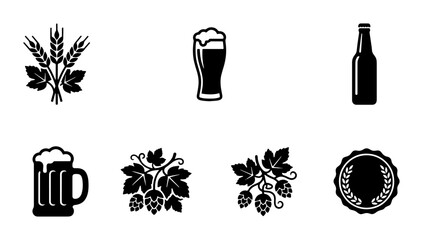 Craft beer brewery icons set, black minimalist beer bottle and glass silhouettes, hop branch and wheat stalk vector illustrations for pub branding © Farhana