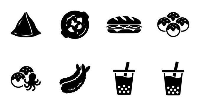 Asian street food icon set, black solid vector symbols of takoyaki, bubble tea, samosa and tempura, 8 restaurant menu elements for digital design