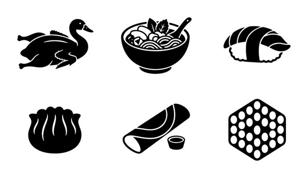 Asian food icon set, black silhouette vector illustrations of roasted duck, ramen bowl, sushi nigiri, dumpling, spring roll, and honeycomb