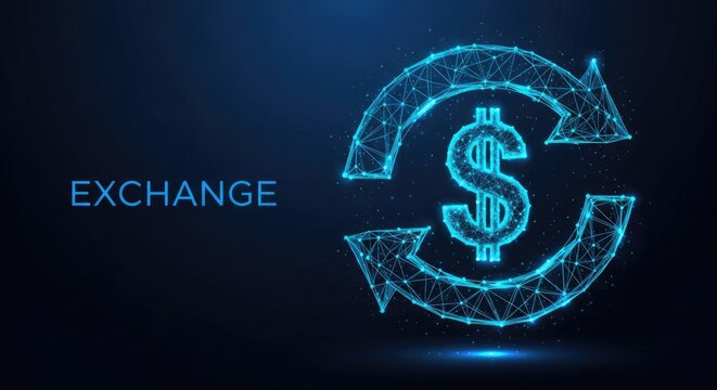A digital, low-polygon representation of a dollar sign enclosed by circular arrows signifies financial exchange and currency conversion.
