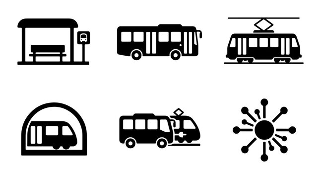 Public transport icon set, black silhouette bus and tram symbols, urban transit and metro station vector elements for city navigation maps