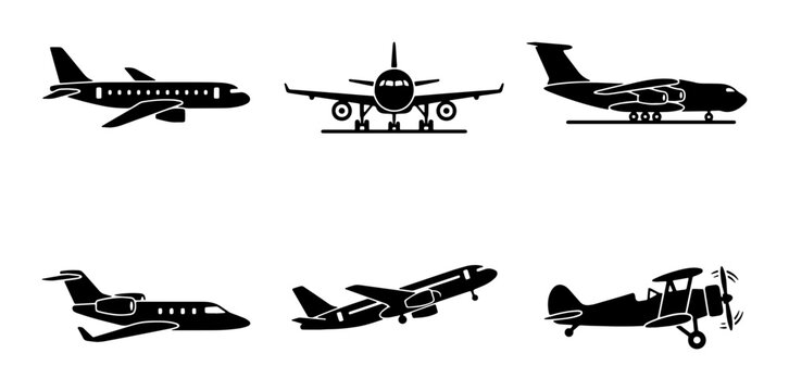 Airplane silhouette icons set, 6 black aircraft vector symbols, commercial jet and private plane collection, aviation transport graphics for travel