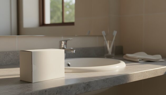 Minimal soap packaging box near bathroom sink with natural daylight creating clean hygiene branding environment