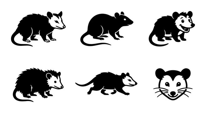 Opossum silhouette vector set, black and white marsupial icons, wild animal character collection, 6 opossum graphics for nature branding