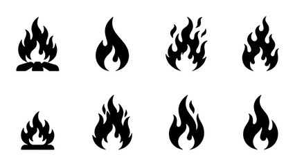 Black fire flame icons set, minimalist campfire and bonfire silhouettes, 8 vector blaze symbols for warning signs and outdoor camping graphics © Tanzina