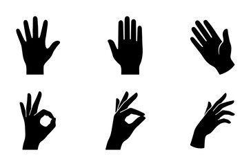 Fototapeta premium Black hand silhouette icons set, human hand gestures and palm symbols, collection of 6 vector silhouettes for communication and sign language