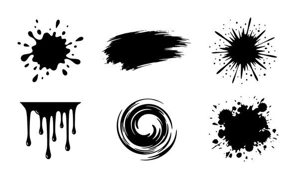 Black ink splatters and paint drips vector set, grunge brush strokes and liquid splashes, 6 artistic ink blot elements for graphic design