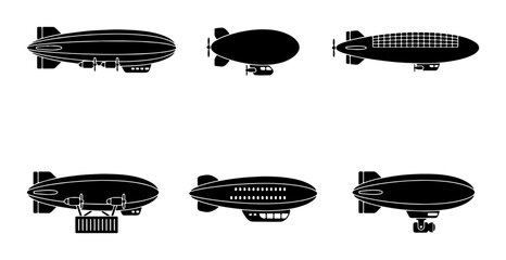 Vintage airship silhouette icons, set of 6 dirigible zeppelin vector illustrations, retro steampunk flying transport symbols for travel design © Shohag