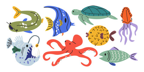 Vector collection of underwater creatures featuring octopus, sea turtle, pufferfish, anglerfish, seahorse and colorful reef fish. Cartoon hand drawn marine animals © luamor