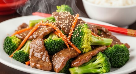 Fototapeta premium Delicious Beef and Broccoli Stir Fry with Sesame Seeds.