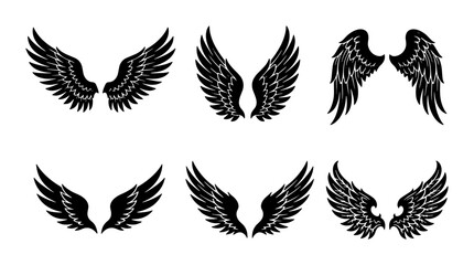 Black eagle wings vector set, 6 pairs of heraldic bird wing silhouettes, gothic angel wings collection for tattoo design and apparel printing © Tanzina
