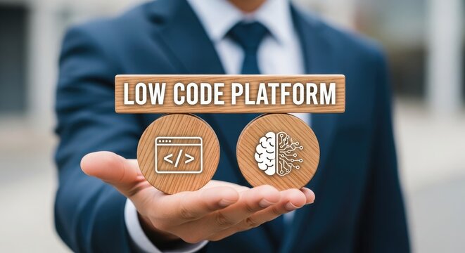 A businessman showcases 'LOW CODE PLATFORM' with code and brain icons on wooden circles in his palm.