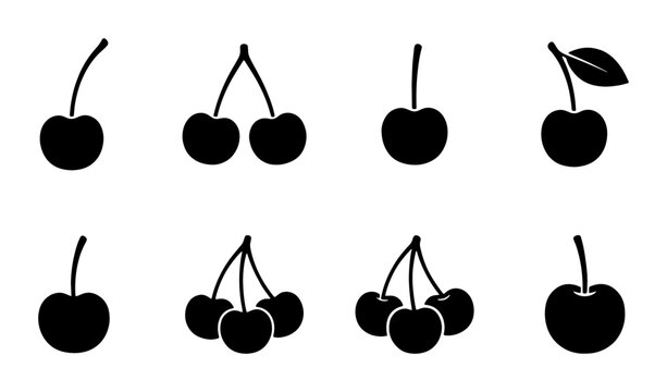 Black cherry silhouette icons set, 8 minimalist fruit vector elements, organic berry food symbols for menu design and branding