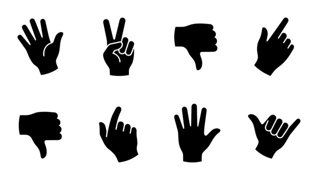 Black hand gesture silhouettes set, 8 human hand icons with finger signs, flat vector communication symbols for interface design and infographics