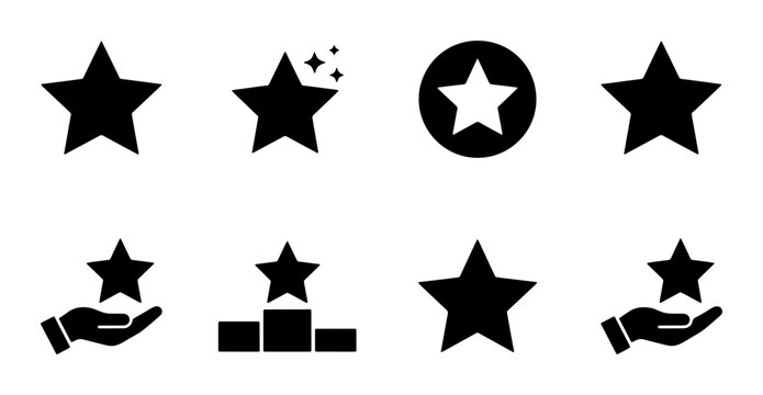 Star icon set with 8 black vector symbols, rating and ranking star elements, award and achievement star graphics for website interface design