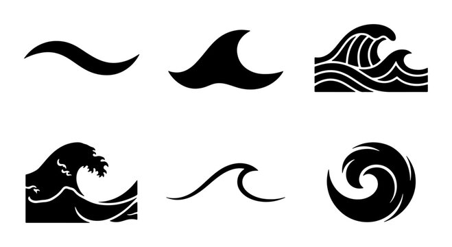 Ocean wave icons set, black sea water ripple silhouettes, 6 minimalist surf and tide vector elements for logo design and summer branding