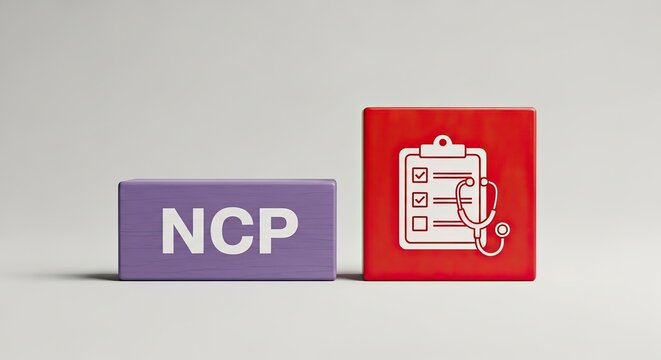 A purple wooden block displaying "NCP" next to a red wooden block with a white icon of a medical checklist and stethoscope.