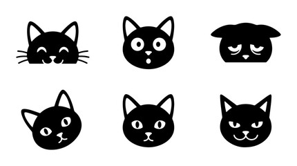 Minimalist black cat head icons set, cute feline emoji face collection, 6 vector kitten character avatars with different expressions © Hasanu