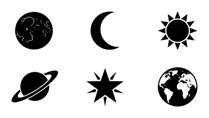 Minimalist celestial icon set, black silhouette space symbols including sun moon and earth, 6 vector astronomy elements for web design and infographics © AminulHaque