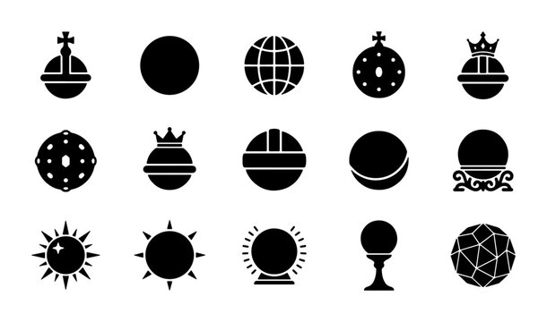 Royal orb and mystical sphere icons, set of 15 black silhouette globe symbols, sovereign regalia and celestial sun elements, vector graphic collection
