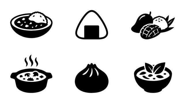 Asian food icon set with 6 black vector elements, traditional Japanese onigiri and Chinese dumpling symbols, mango sticky rice and hot soup bowl illustrations