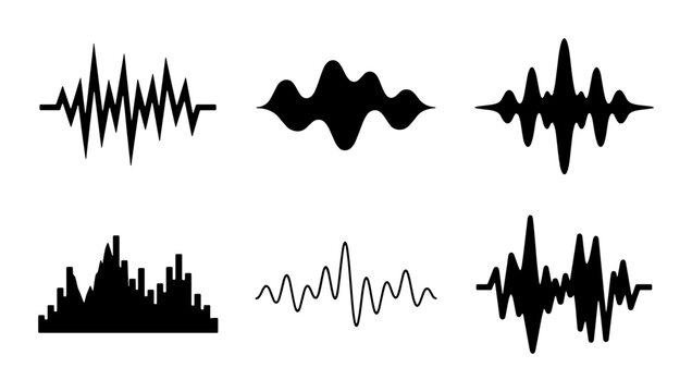 Minimalist sound wave icons set, black audio frequency spectrum waveforms, digital music equalizer signal collection, 6 vector voice recording elements