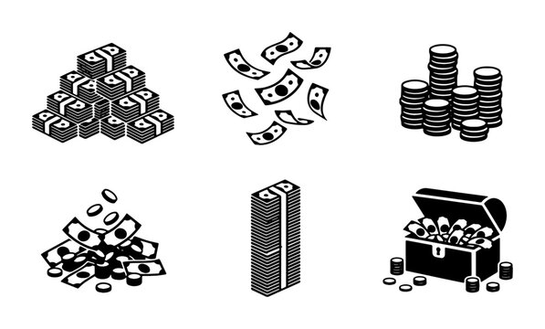 Black and white money icon set, flat vector currency symbols with cash stacks and coins, 6 financial wealth elements for banking and business