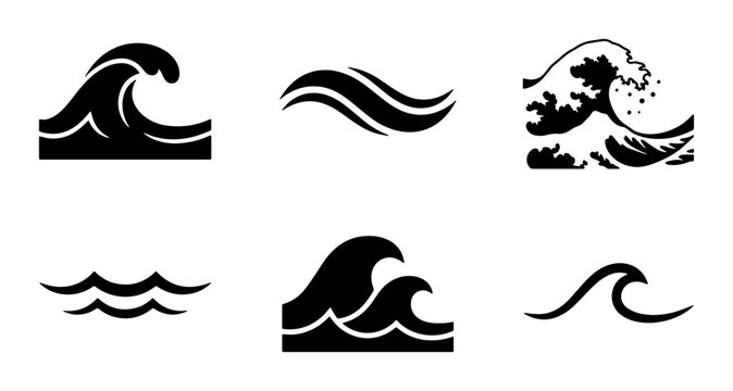 Ocean wave icons set of 6 black vector silhouettes, sea water ripple symbols, minimalist marine surf and tide graphic elements for logo design