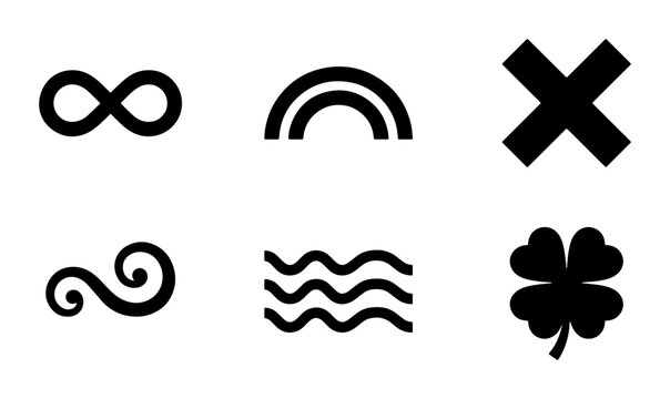Minimalist black linear icons set, 6 abstract geometric symbols including infinity and clover, modern flat vector elements for branding and UI design