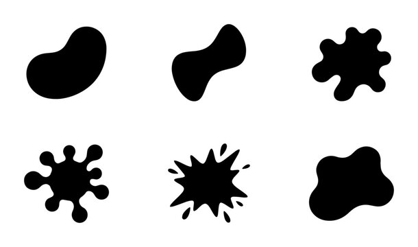 Abstract black ink splat vector set, organic liquid blob shapes, minimalist paint splash silhouettes, 6 versatile fluid stain elements for graphic design