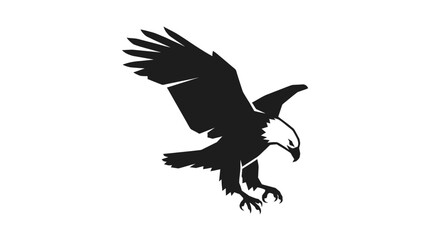 Fototapeta premium A black and white graphic illustration of a bald eagle with its wings spread and talons extended, in a dynamic swooping or landing pose.